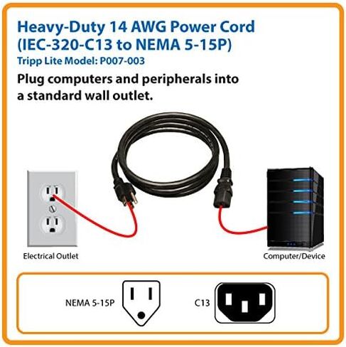 Tripp Lite Heavy-Duty Computer Power Cord 14AWG 15A (NEMA 5-15P to IEC-320-C13) 2-ft.(P007-002) in Kuwait