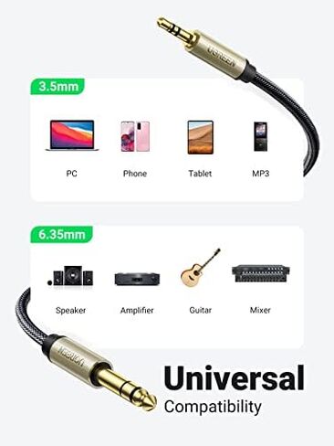 UGREEN 1/8 to 1/4 Stereo Cable 3.5mm TRS to 6.35mm Audio Cable Guitar to Aux Male Cord with Zinc Alloy Housing and Nylon Braid for Guitar, Laptop, Home Theater Devices, Speaker and Amplifiers 3.3FT in Saudi Arabia