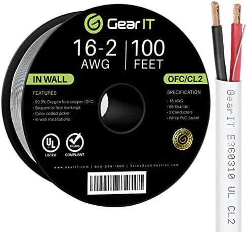 سلك مكبر صوت GEARit مقاس 16 OFC بطول 250 قدمًا، سلك مكبر صوت OFC بتصنيف 16 AWG UL CL2، سلك نحاسي 16 AWG مع علامات قطبية، كابل مكبر صوت للمسرح المنزلي داخل الجدار والمدرسة والكنيسة والصوت التجاري (أبيض) in Kuwait