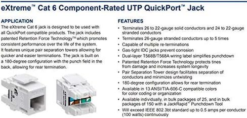 Leviton 61110-BE6 Extreme 6+ QuickPort Connector, CAT 6, Black, 25-Pack & 49255-H48 QuickPort Flat Panel, 48-Port, 2RU, Cable Management Bar Included, Black in Saudi Arabia