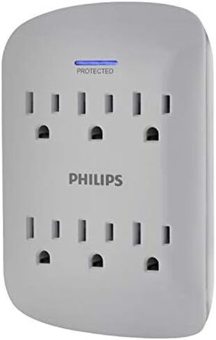 Philips Accessories Philips 6-Outlet Extender Surge Protector, 900 Joules, 3-Prong, Space Saving Design, Protection Indicator LED Light, 1 Pack, Black, SPP3461BC/37 in Kuwait