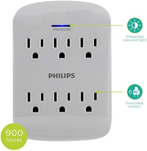 Philips Accessories Philips 6-Outlet Extender Surge Protector, 900 Joules, 3-Prong, Space Saving Design, Protection Indicator LED Light, 1 Pack, Black, SPP3461BC/37 in Kuwait
