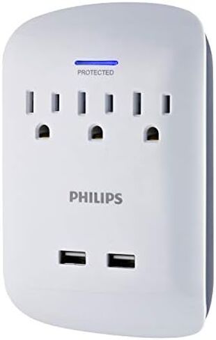 Philips Outlet Extender with 2-USB Port, Charging Station, Grounded Power Adapter, 3-Prong, 2.1 AMP/10 Watt, ETL Listed, White, SPP1201WA/37 in Kuwait
