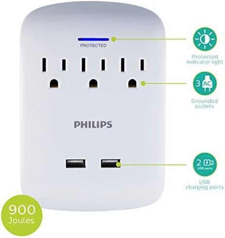 Philips Outlet Extender with 2-USB Port, Charging Station, Grounded Power Adapter, 3-Prong, 2.1 AMP/10 Watt, ETL Listed, White, SPP1201WA/37 in Kuwait