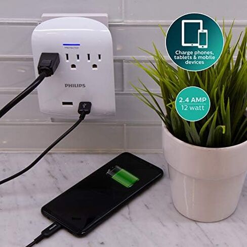 Philips Outlet Extender with 2-USB Port, Charging Station, Grounded Power Adapter, 3-Prong, 2.1 AMP/10 Watt, ETL Listed, White, SPP1201WA/37 in Kuwait