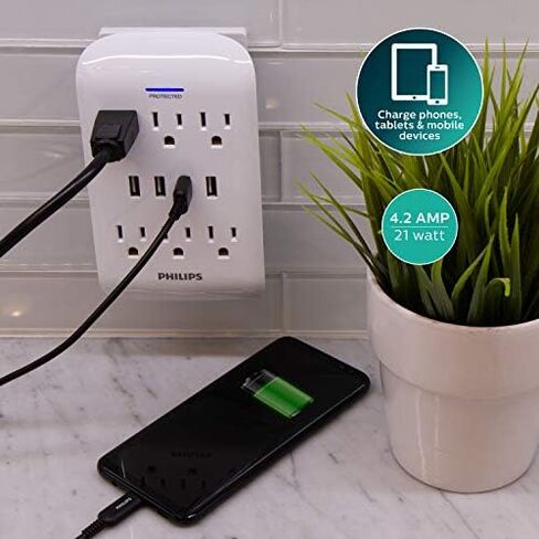 Philips Outlet Extender with 2-USB Port, Charging Station, Grounded Power Adapter, 3-Prong, 2.1 AMP/10 Watt, ETL Listed, White, SPP1201WA/37 in Kuwait