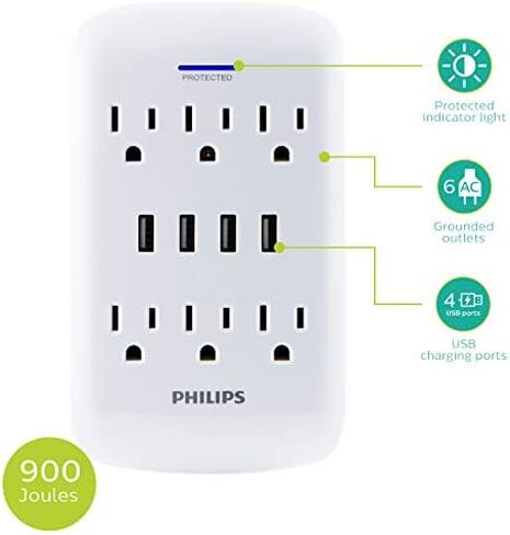 Philips Outlet Extender with 2-USB Port, Charging Station, Grounded Power Adapter, 3-Prong, 2.1 AMP/10 Watt, ETL Listed, White, SPP1201WA/37 in Kuwait