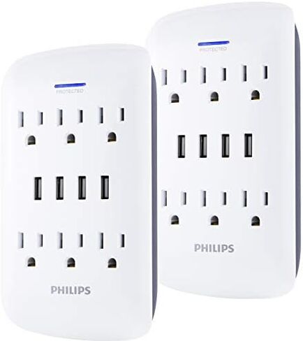 Philips Outlet Extender with 2-USB Port, Charging Station, Grounded Power Adapter, 3-Prong, 2.1 AMP/10 Watt, ETL Listed, White, SPP1201WA/37 in Kuwait