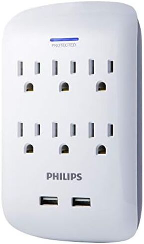 Philips Outlet Extender with 2-USB Port, Charging Station, Grounded Power Adapter, 3-Prong, 2.1 AMP/10 Watt, ETL Listed, White, SPP1201WA/37 in Kuwait