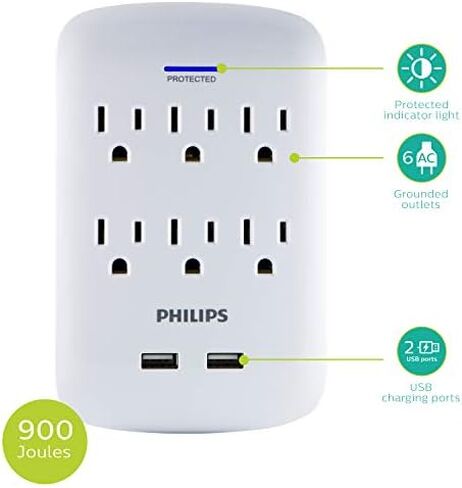 Philips Outlet Extender with 2-USB Port, Charging Station, Grounded Power Adapter, 3-Prong, 2.1 AMP/10 Watt, ETL Listed, White, SPP1201WA/37 in Kuwait