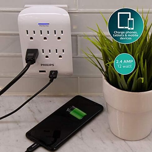Philips Outlet Extender with 2-USB Port, Charging Station, Grounded Power Adapter, 3-Prong, 2.1 AMP/10 Watt, ETL Listed, White, SPP1201WA/37 in Kuwait
