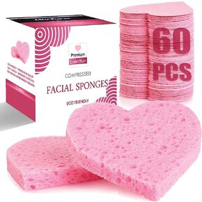 60-Count Compressed Facial Sponges, 100% Natural Cosmetic Spa Sponges for Facial Cleansing, Exfoliating Mask (Pink Heart)