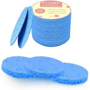 50-Count Compressed Facial Sponges for Daily Cleansing and Gentle Exfoliating, 100% Natural Cellulose Spa Sponge Perfect for Removing Dead Skin, Dirt and Makeup - Blue