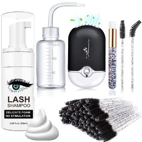 Lash Shampoo for Lash Extensions, Lash Fan with 50ml Eyelash Foam Cleanser and 50 Pcs Eyelash Brush and Rinse Bottle Oil Free/Sulfate Free Eyelash Wash Remover For Eyelash Extension Wash, Black
