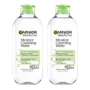 Garnier Micellar Water for Oily Skin, Facial Cleanser & Makeup Remover, Mattifying, For All Skin Types, Vegan, Cruelty Free, 13.5 Fl Oz (400mL), 2 Count