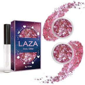 Laza Body Glitter, 2 Jars Holographic Chunky Sequins with Glitter Glue Perfect for Women Eyeshadow Makeup Face Paint Festival Rave Outfits Hair Accessories Carnival Party Costumes - Blue Ocean
