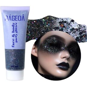 DAGEDA Body Glitter Gel, Face Glitters Body Gel Sequins Shimmer Liquid Eyeshadow, Chunky Glitter for Face Hair Nails, Holographic Cosmetic Laser Powder Festival Glitter Makeup 1.7oz (Black)