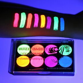 طلاء الوجه MEICOLY Glow UV Blacklight، 8 ألوان زاهية من لوحة طلاء الجسم الفلورسنت النيون، محدد عيون منشط بالماء، مكياج مائي يتوهج في الظلام الهالوين قابل للغسل للأطفال والكبار