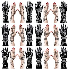 Xmasir 12 Large Sheets Henna Tattoo Stencil Kit for Hand Forearm Body Paint, Indian Arabian Temporary Tattoo Templates for Women Girls (S8)