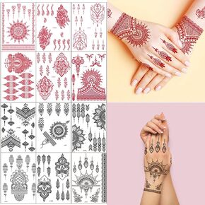 Xmasir Henna Tattoo, 12 Sheets Henna Stickers, 6pcs Red + 6pcs Black, Waterproof Henna Tattoo Stickers for Women Wedding Party (6 Red+ 6 Black)
