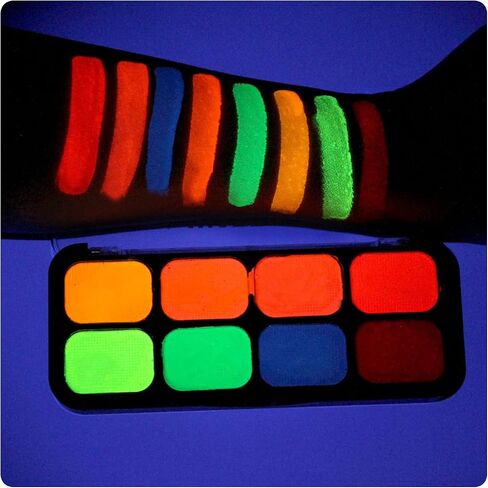 طلاء الوجه MEICOLY Glow UV Blacklight، 8 ألوان زاهية من لوحة طلاء الجسم الفلورسنت النيون، محدد عيون منشط بالماء، مكياج مائي يتوهج في الظلام الهالوين قابل للغسل للأطفال والكبار in Kuwait