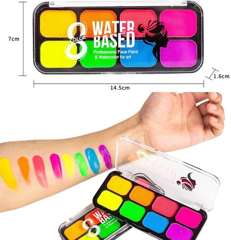 طلاء الوجه MEICOLY Glow UV Blacklight، 8 ألوان زاهية من لوحة طلاء الجسم الفلورسنت النيون، محدد عيون منشط بالماء، مكياج مائي يتوهج في الظلام الهالوين قابل للغسل للأطفال والكبار in Kuwait