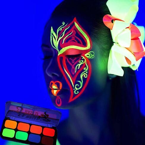 طلاء الوجه MEICOLY Glow UV Blacklight، 8 ألوان زاهية من لوحة طلاء الجسم الفلورسنت النيون، محدد عيون منشط بالماء، مكياج مائي يتوهج في الظلام الهالوين قابل للغسل للأطفال والكبار in Kuwait