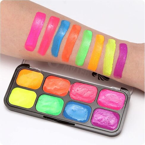 طلاء الوجه MEICOLY Glow UV Blacklight، 8 ألوان زاهية من لوحة طلاء الجسم الفلورسنت النيون، محدد عيون منشط بالماء، مكياج مائي يتوهج في الظلام الهالوين قابل للغسل للأطفال والكبار in Kuwait