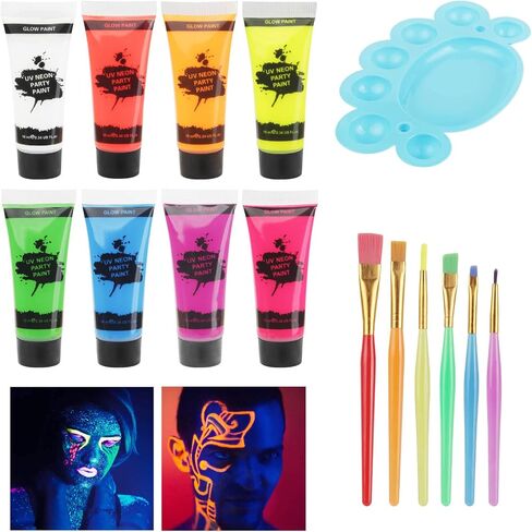 طلاء الوجه MEICOLY Glow UV Blacklight، 8 ألوان زاهية من لوحة طلاء الجسم الفلورسنت النيون، محدد عيون منشط بالماء، مكياج مائي يتوهج في الظلام الهالوين قابل للغسل للأطفال والكبار in Kuwait