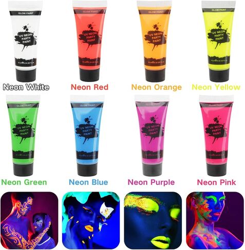 طلاء الوجه MEICOLY Glow UV Blacklight، 8 ألوان زاهية من لوحة طلاء الجسم الفلورسنت النيون، محدد عيون منشط بالماء، مكياج مائي يتوهج في الظلام الهالوين قابل للغسل للأطفال والكبار in Kuwait