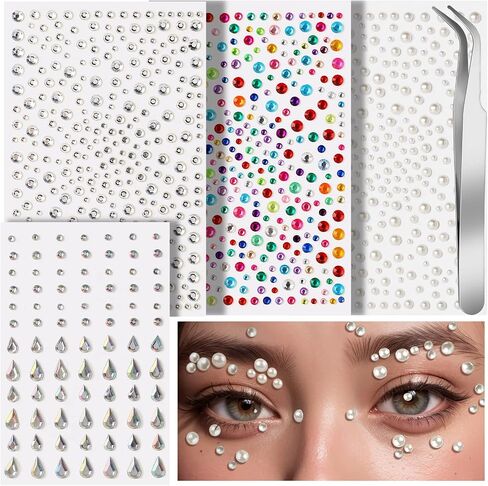 Teenitor Face Gems Self Adhesive Face Rhinestones for Makeup Festival Face Jewels, Stick On Pearls Hair Gems, Pearl Rhinestones Stickers for Face, Hair, Eye, Makeup, Nail, Body, Crafts in Saudi Arabia