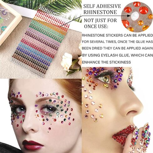 6 Sheets Face Jewels Face Gems Stick On, Self Adhesive Rhinestones for Makeup Rave Accessories for Festival Holiday Costumes in Saudi Arabia