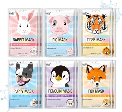 Epielle Animal Character Sheet Masks | Korean Spa Masks for All Skin Types | Spa Gifts, Kids' Birthday Party, Girls' Night, Skincare Party | Assorted 6 Pack | Korean Skincare in Saudi Arabia