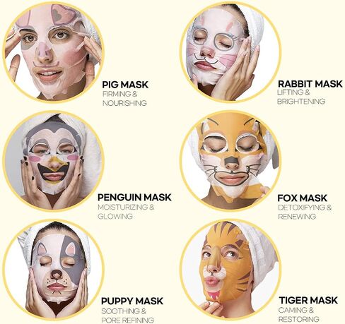 Epielle Animal Character Sheet Masks | Korean Spa Masks for All Skin Types | Spa Gifts, Kids' Birthday Party, Girls' Night, Skincare Party | Assorted 6 Pack | Korean Skincare in Saudi Arabia