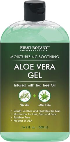 First Botany Aloe vera gel from 100 percent Pure Aloe Infused with Tea Tree Oil - Natural Raw Moisturizer for Hand Sanitizing Gel, Skin Care, Hair Care, Sunburn, Acne & Eczema -16.9 fl oz | 500 ml in Kuwait