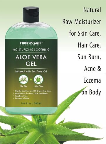 First Botany Aloe vera gel from 100 percent Pure Aloe Infused with Tea Tree Oil - Natural Raw Moisturizer for Hand Sanitizing Gel, Skin Care, Hair Care, Sunburn, Acne & Eczema -16.9 fl oz | 500 ml in Kuwait