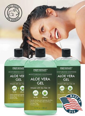 First Botany Aloe vera gel from 100 percent Pure Aloe Infused with Tea Tree Oil - Natural Raw Moisturizer for Hand Sanitizing Gel, Skin Care, Hair Care, Sunburn, Acne & Eczema -16.9 fl oz | 500 ml in Kuwait