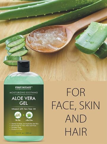 First Botany Aloe vera gel from 100 percent Pure Aloe Infused with Tea Tree Oil - Natural Raw Moisturizer for Hand Sanitizing Gel, Skin Care, Hair Care, Sunburn, Acne & Eczema -16.9 fl oz | 500 ml in Kuwait