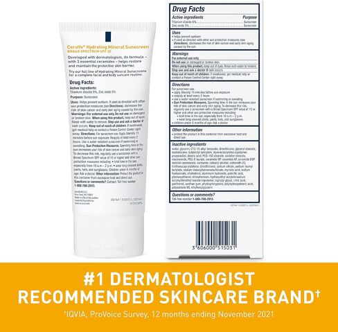 واقي الشمس CeraVe 100% معدني بعامل حماية من الشمس SPF 30 | واقي شمسي للوجه بأكسيد الزنك وثاني أكسيد التيتانيوم للبشرة الحساسة | مع حمض الهيالورونيك والنياسيناميد والسيراميد | 2.5 أوقية in Kuwait