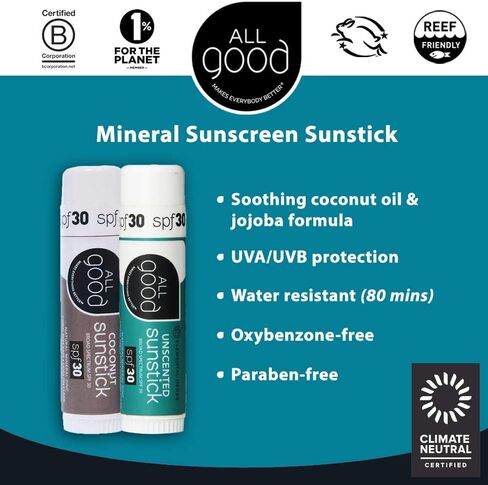 All Good Sunstick - Face Sunscreen, Water Resistant, UVA/UVB Broad Spectrum SPF 30+, Coral Reef Friendly - Beeswax, Zinc, Vitamin E, Shea Butter (Coconut)(2-Pack) in Kuwait