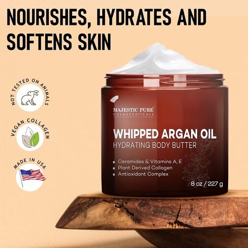 MAJESTIC PURE Whipped Argan Oil Body Butter for Women & Men - With Ceramides, Vitamin E & A & Vegan Collagen - Whipped Body Butter Argan Oil For Skin, Face, & Appearance of Wrinkles & Fine Lines - 8oz in Saudi Arabia