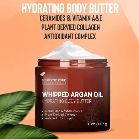 MAJESTIC PURE Whipped Argan Oil Body Butter for Women & Men - With Ceramides, Vitamin E & A & Vegan Collagen - Whipped Body Butter Argan Oil For Skin, Face, & Appearance of Wrinkles & Fine Lines - 8oz in Saudi Arabia