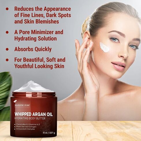 MAJESTIC PURE Whipped Argan Oil Body Butter for Women & Men - With Ceramides, Vitamin E & A & Vegan Collagen - Whipped Body Butter Argan Oil For Skin, Face, & Appearance of Wrinkles & Fine Lines - 8oz in Saudi Arabia