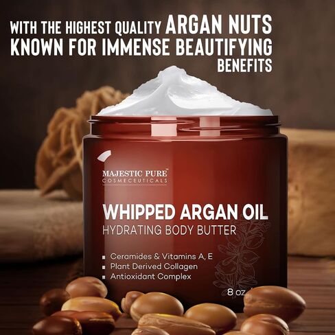 MAJESTIC PURE Whipped Argan Oil Body Butter for Women & Men - With Ceramides, Vitamin E & A & Vegan Collagen - Whipped Body Butter Argan Oil For Skin, Face, & Appearance of Wrinkles & Fine Lines - 8oz in Saudi Arabia