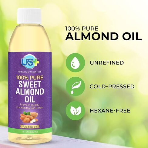 Us+ 100% Pure Sweet Almond Oil - Cold-pressed, Unrefined, Hexane-free - Premium Quality for Healthy Skin & Hair (10oz) in Kuwait