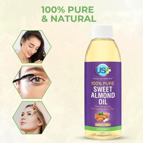 Us+ 100% Pure Sweet Almond Oil - Cold-pressed, Unrefined, Hexane-free - Premium Quality for Healthy Skin & Hair (10oz) in Kuwait