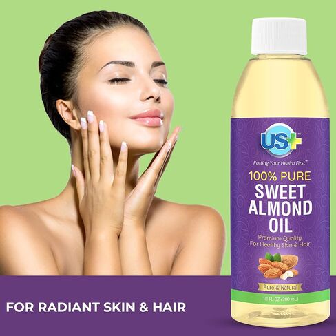 Us+ 100% Pure Sweet Almond Oil - Cold-pressed, Unrefined, Hexane-free - Premium Quality for Healthy Skin & Hair (10oz) in Kuwait