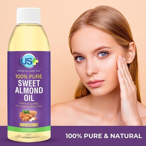 Us+ 100% Pure Sweet Almond Oil - Cold-pressed, Unrefined, Hexane-free - Premium Quality for Healthy Skin & Hair (10oz) in Kuwait