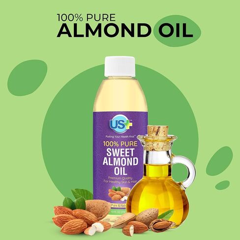 Us+ 100% Pure Sweet Almond Oil - Cold-pressed, Unrefined, Hexane-free - Premium Quality for Healthy Skin & Hair (10oz) in Kuwait