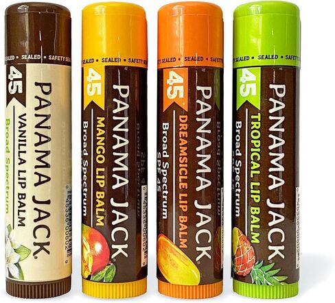 Panama Jack Sunscreen Lip Balm - SPF 45, Flavor Pack, Broad Spectrum UVA-UVB Sunscreen Protection, Prevents & Soothes Dry, Chapped Lips (Dreamsicle/Vanilla/Tropical/Mango) in Kuwait